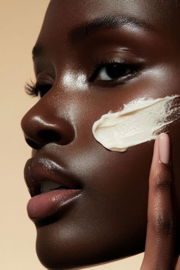 A woman with the deepest, richest skin tone, smooth and luminous in soft light.