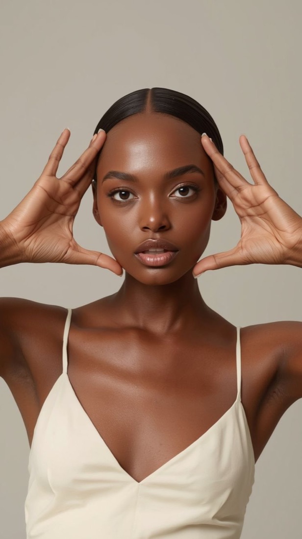 A woman with deep, radiant skin framing her face — a portrait of healthy, even, glowing complexion.