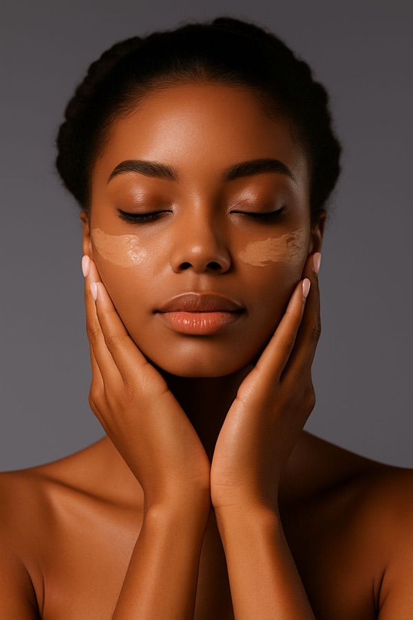 A woman with deep, glowing skin resting calmly as Vraie scans her face.